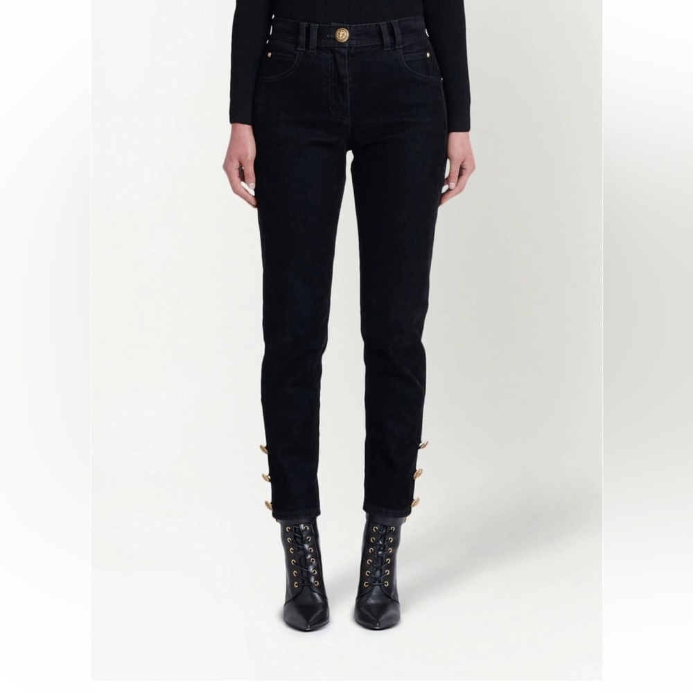 Balmain Women’s Black Skinny Cotton Pants/Jeans with Gold Buttons | Pockets